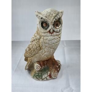 VINTAGE Owl Sculpture Chalkware Statue, Large 10" Tall Very Old 1940s